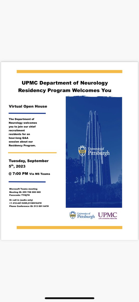 We are very excited to announce this years UPMC Neurology Open house. Please join us on September 5th via teams (link below) if you are interested in learning more about our residency program!

tinyurl.com/UPMC-Neuro