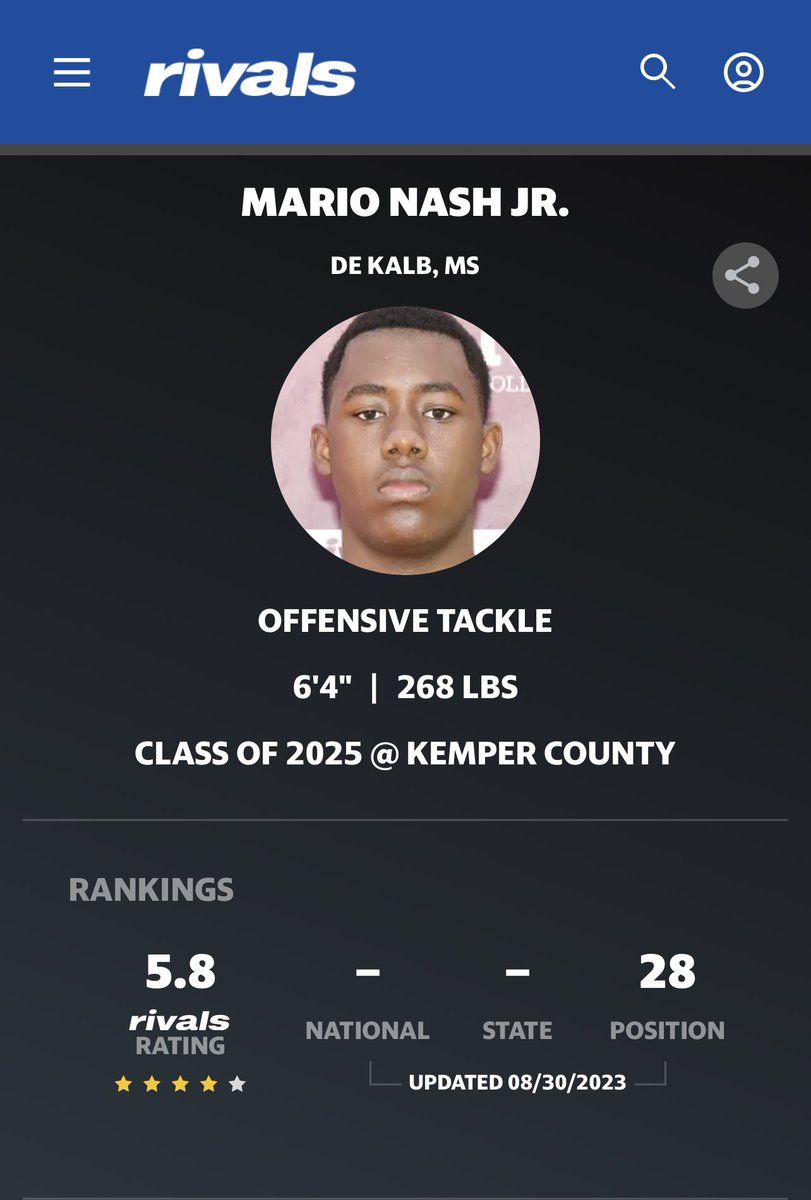 Mario Nash Jr ⭐️ (@bignash_77) on Twitter photo I’m extremely honored to announce that I have been ranked as a 4⭐️ by Rivals!
<a href="/DAWGHZERECRUITS/">Dawg House Recruiting</a> <a href="/adamgorney/">Adam Gorney</a> <a href="/RivalsFriedman/">Adam Friedman</a> @SWiltfong247 <a href="/On3Recruits/">On3 Recruits</a> <a href="/LawrencHopkins/">Lawrence Hopkins</a> <a href="/warren_rowan/">Warren Rowan</a> <a href="/MacCorleone74/">Rion (Ree-un) Young</a> <a href="/ChadSimmons_/">ChadSimmons</a> <a href="/PlayBookAthlete/">PLAYBOOK ATHLETE</a> <a href="/HSFBscout/">Jake Lemming</a> <a href="/D_Wren5/">Darius Wren</a> <a href="/CoachJayUConn/">CoachJay - Elite 400 National Recruiting Expert</a> <a href="/coachjimvert/">Jim Vert</a> I’m extremely honored to announce that I have been ranked as a 4⭐️ by Rivals!
<a href="/DAWGHZERECRUITS/">Dawg House Recruiting</a> <a href="/adamgorney/">Adam Gorney</a> <a href="/RivalsFriedman/">Adam Friedman</a> @SWiltfong247 <a href="/On3Recruits/">On3 Recruits</a> <a href="/LawrencHopkins/">Lawrence Hopkins</a> <a href="/warren_rowan/">Warren Rowan</a> <a href="/MacCorleone74/">Rion (Ree-un) Young</a> <a href="/ChadSimmons_/">ChadSimmons</a> <a href="/PlayBookAthlete/">PLAYBOOK ATHLETE</a> <a href="/HSFBscout/">Jake Lemming</a> <a href="/D_Wren5/">Darius Wren</a> <a href="/CoachJayUConn/">CoachJay - Elite 400 National Recruiting Expert</a> <a href="/coachjimvert/">Jim Vert</a>