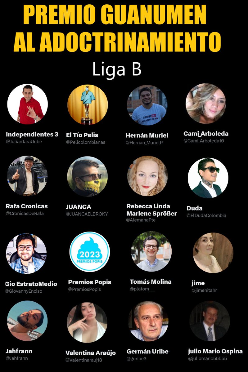 ElMinarca's tweet photo. Hoy en la noche arrancamos con el #PremioGuanumen de la Liga B: Adoctrinados.
1. Si me falta/sobra alguien, avísenme.
2. En la liga A está Julián el Progresista, dejen de preguntarme por él, maldición. Les dejo la imagen de la Liga A en este hilo para su información. https://t.co/qcu4vE25Ea