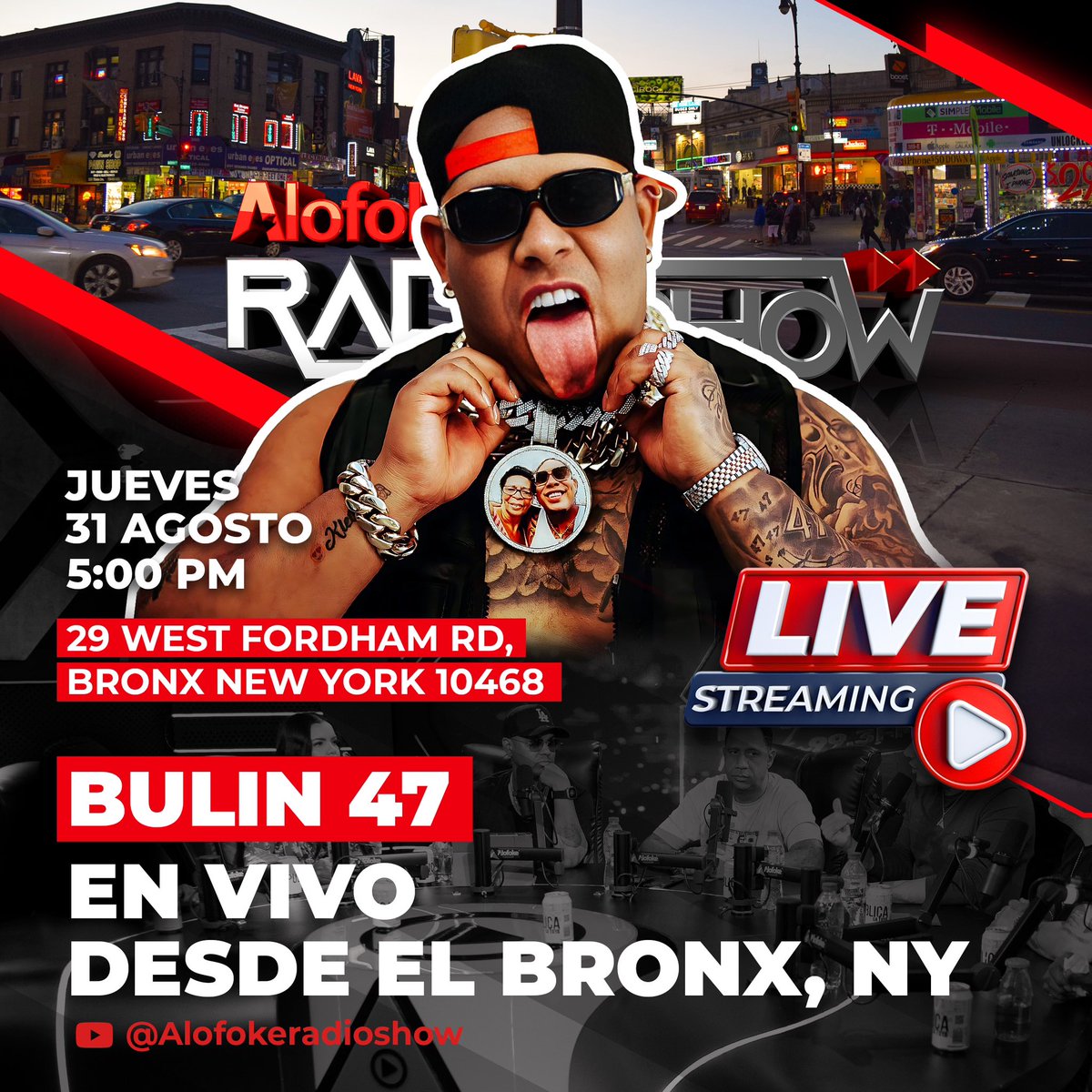 SORPRESA 🥳 Bulin 47 en vivo en Youtube <a href="/alofokefm/">Alofoke FM</a> 📺 Desde Fordham en el Bronx NY 🗽 5 pm en 29 west Fordham RD, Bronx New York 10468 ❤️ Regalos para la comunidad 🙏🏻
