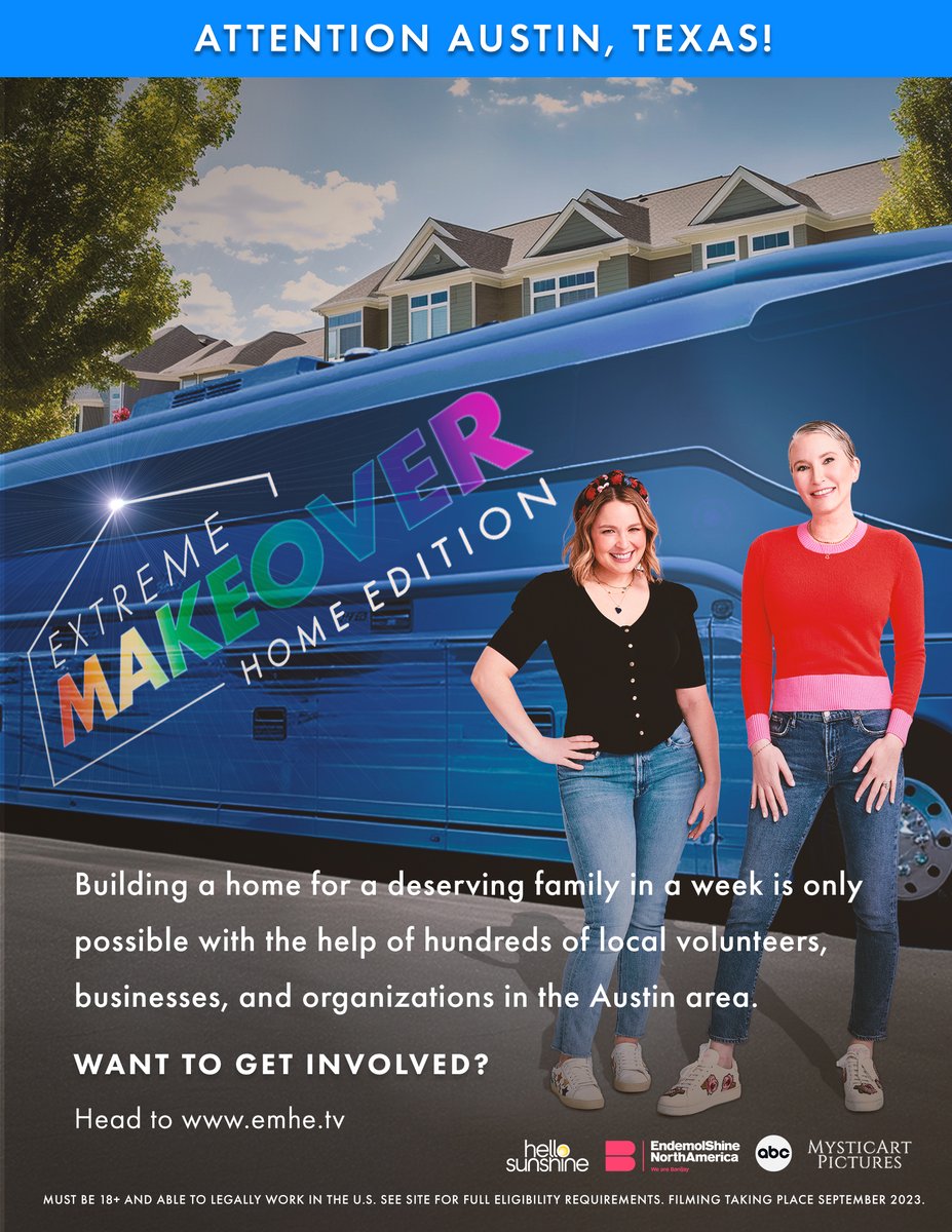 Austin, TX! 👋  Extreme Makeover: Home Edition is coming back, &amp; we're making a local family's dreams come true this SEPTEMBER!

Our build is only possible with help from local volunteers and community organizations. If you want to get involved, visit emhe.tv!