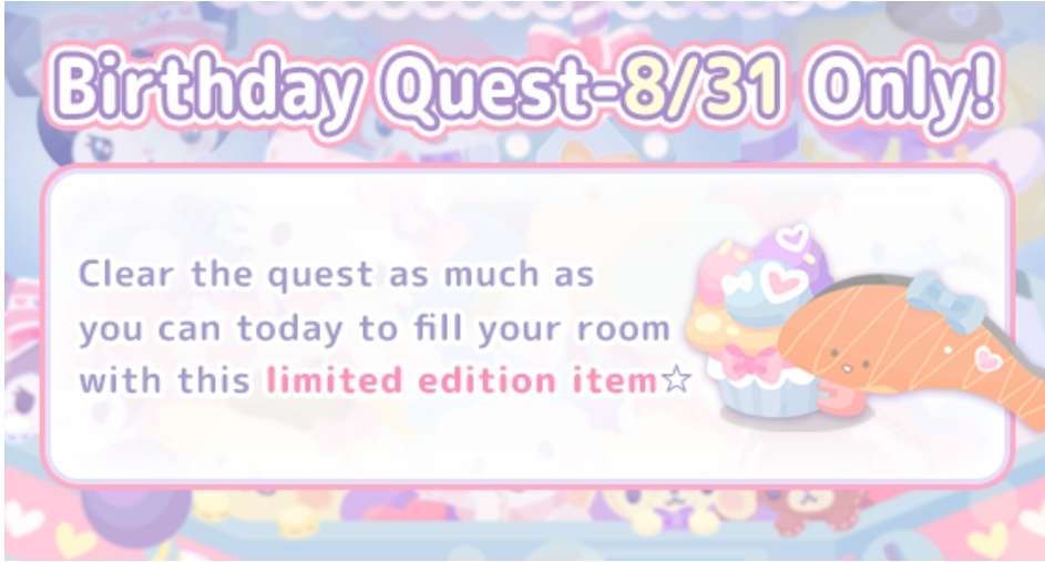 Happy Birthday Kirimichan!
Wear items from the new Crane Game Bag while attending parties to receive exclusive items featuring the birthday kirimi! 
#ハロースイートデイズ #hellosweetdays #hsd #ハロスイ #sanrio