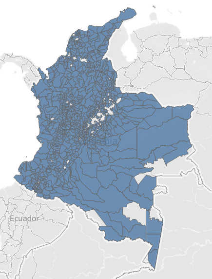 En azul, cada municipio en Colombia en el que al menos se presentó un caso de desaparición forzada en los últimos 45 años, según la base de datos del <a href="/CentroMemoriaH/">Centro Nacional de Memoria Histórica</a> . Hoy es el día de las víctimas de este horrible crimen.