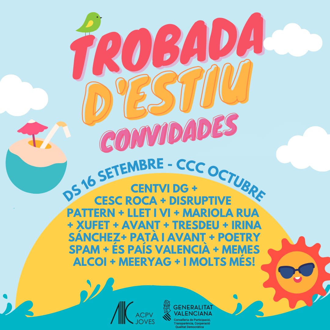 I mireu, mireu! 

Ací us deixem més confirmacions de gent bonica que ens acompanyarà a la Trobada d'Estiu de Joves d'Acció

<a href="/tomaastorress/">Tomàs</a> <a href="/mariolarua_/">🦦 mariola 🦦</a> #DisruptPatterns <a href="/EsPaisValencia/">És País Valencià 🔥</a> #IrinaSánchez