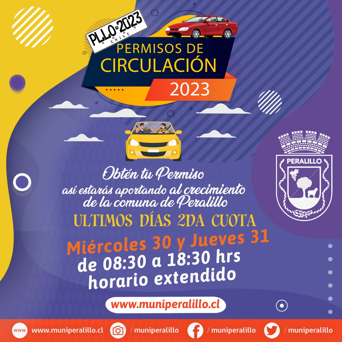 ULTIMOS DIAS - HORARIO EXTENDIDO 📷
Segundas cuotas de su permiso de circulación 2023. Últimos días, horarios extendidos de 08:30 a 18:30 Hrs. Te esperamos en nuestro Departamento de Tránsito Municipal.