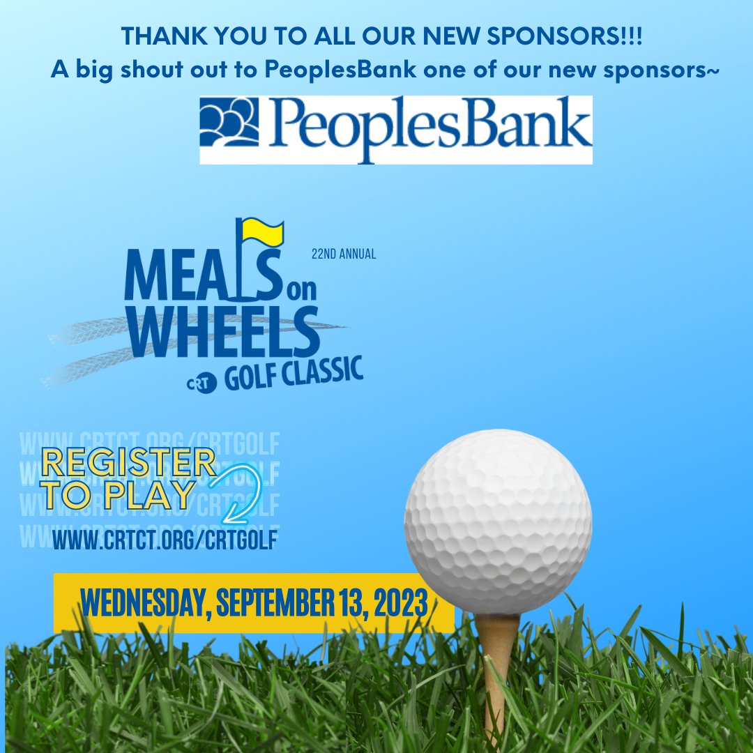 CRT's Meals on Wheels Golf Classic is two weeks away! A big THANK YOU to all the new sponsors including PeoplesBank! Golfers we still have a few spots left so REGISTER NOW crtct.org/crtgolf you don't want to miss this fun filled golf tournament! #crtct #golftournament