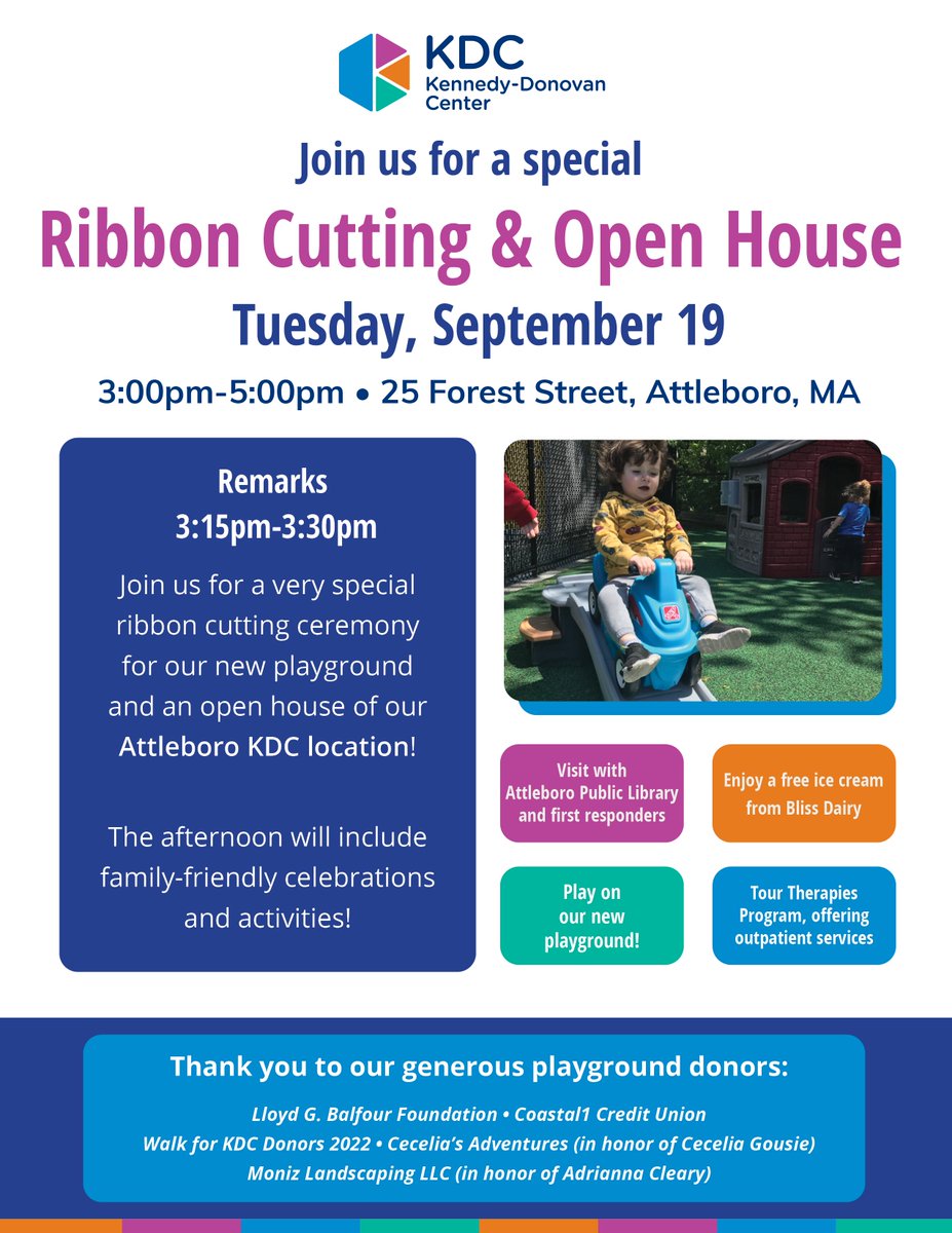 🎉 Join us on Sep 19 for a special Ribbon Cutting and open House event at Attleboro KDC! 🏞️ Experience the joy of our new playground at 3:15 pm, followed by an open house with family-friendly activities from 3-5 pm. 🎈🍦 #KDCPlaygroundOpening 📍 25 Forest St, Attleboro, MA