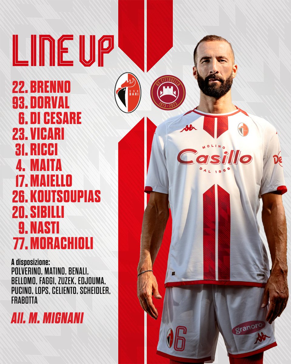 sscalciobari's tweet photo. ⚪🔴🐔 Fischio d'inizio al San Nicola. I biancorossi scendono in campo così ⤵
#sscbari #BARCIT #serieBKT https://t.co/9h2CIzVXHg