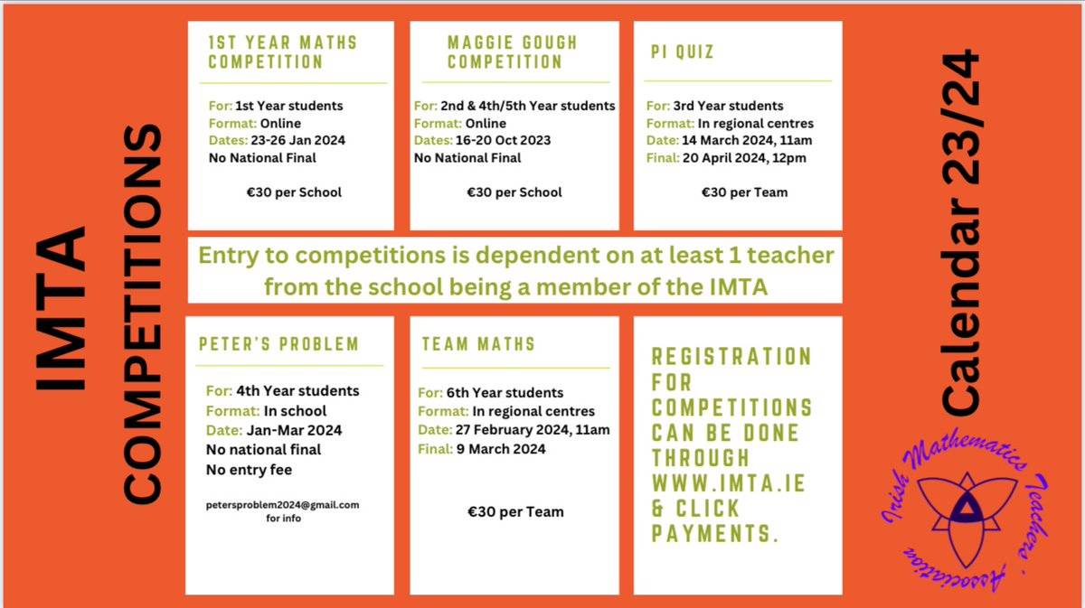 We have produced a calendar of all competitions for the year ahead to help with planning and logistics for schools. 
Team Maths (6th year HL) and Pi Quiz will both take place during school time.
Team Maths will happen in late February. @ProjectMaths_ie @JctMaths