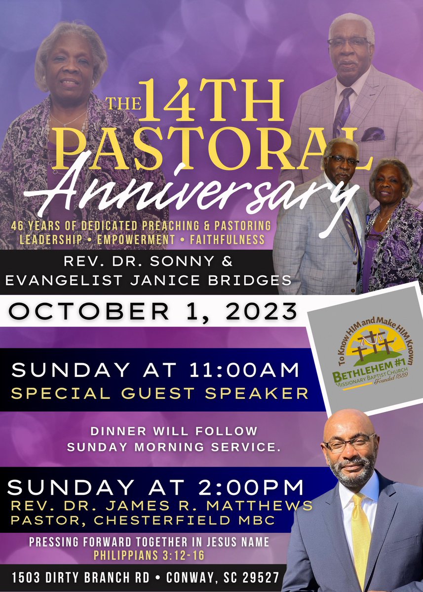 IT’S A CELEBRATION 🙌 Rev. Dr. Sonny Bridges &amp; Evangelist Janice Bridges will be celebrating their 14th Pastoral Anniversary Celebration. We have two powerful preachers that coming to celebrate with our Pastor &amp; First Lady 

JOIN US IN THE CELEBRATION….