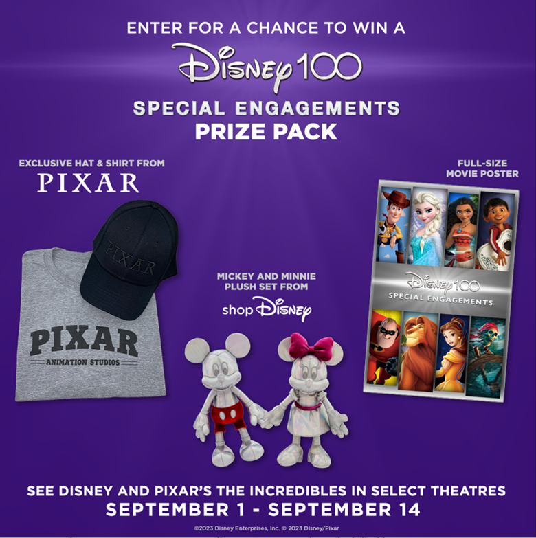 HarkinsTheatres's tweet photo. Don’t miss an *incredible* Disney 100 giveaway and see The Incredibles at select Harkins starting September 1!

💥Follow @HarkinsTheatres
💥Share your favorite character from The Incredibles using #Harkins100ShirtSweepstakes

NO PURCHASE NECESSARY. Open to legal AZ/CA/CO/OK residents 18 and older. Void where prohibited. Ends 9/13/23. For odds, prize details, and how to enter, visit https://t.co/uieqb0QVpQ. Sponsor: Harkins Administrative Services, Inc.