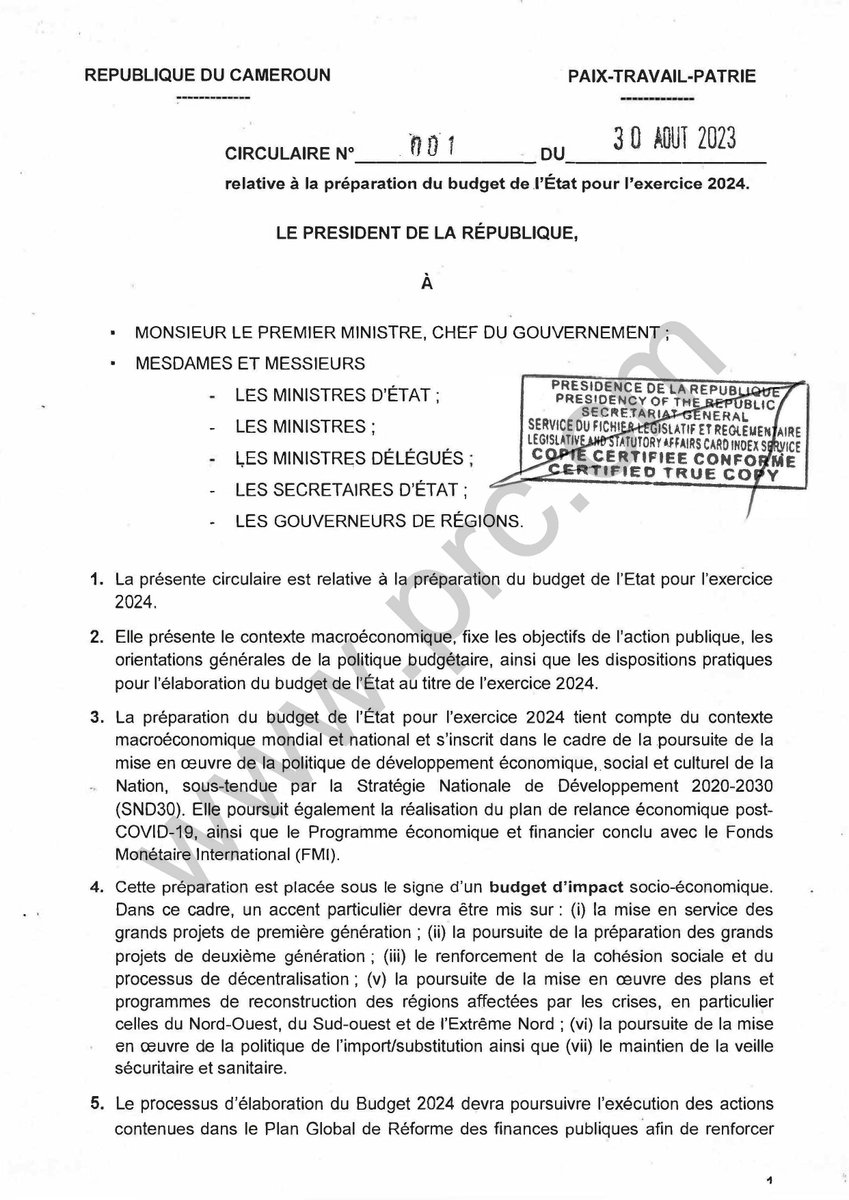 PR_Paul_BIYA's tweet photo. Circulaire relative à la préparation du budget de l'État pour l'exercice 2024.
#PaulBiya
#Cameroun 
1/5 https://t.co/l8MK6HV1TZ