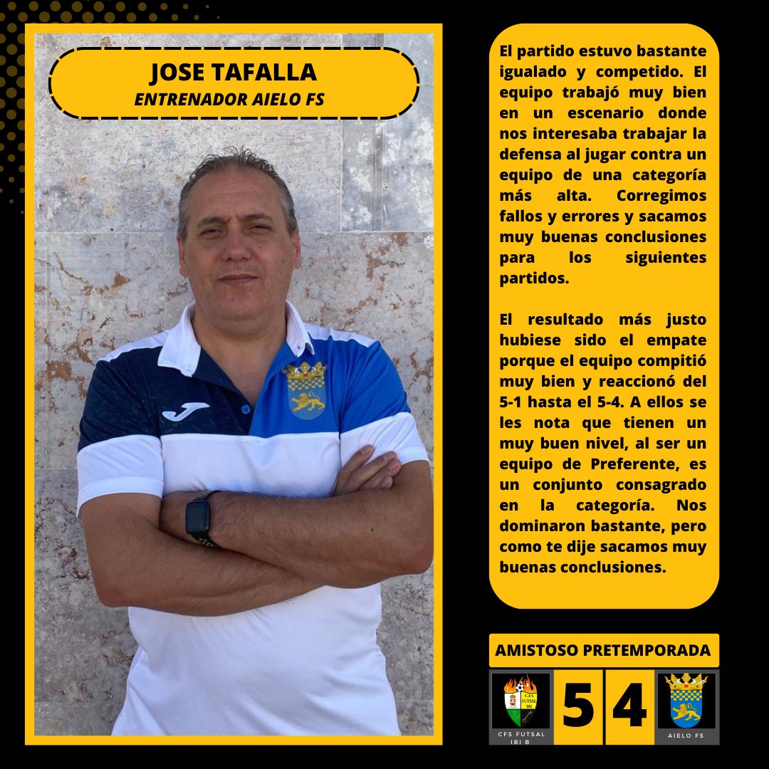 𝘼𝙈𝙄𝙎𝙏𝙊𝙎𝙊𝙎 𝘿𝙀 𝙋𝙍𝙀𝙏𝙀𝙈𝙋𝙊𝙍𝘼𝘿𝘼 

⚽ El <a href="/FutsalIbi/">Futsal Ibi</a> B supera al Aielo FS por 5️⃣-4️⃣ y toma confianza en el inicio de la preparación.

➡️ Los valencianos, recién ascendidos a 1ª Regional tras su buena campaña en la 2ª Regional valenciana, plantearon mucha batalla,