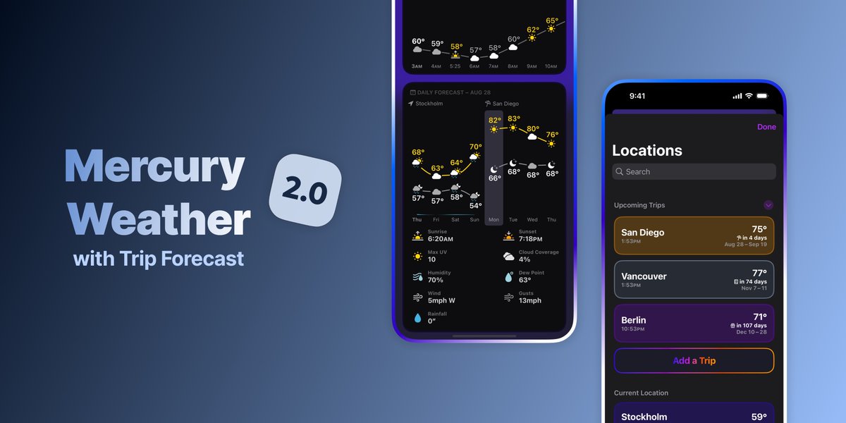 mercuryweather's tweet image. Mercury Weather 2.0 is out now! 🚀
This update includes our all-new Trip Forecast feature! Trip Forecast lets you enter your trips in Mercury. Once the trip is coming up, the weather at your destination will automatically show in your daily forecast.

apps.apple.com/app/apple-stor…