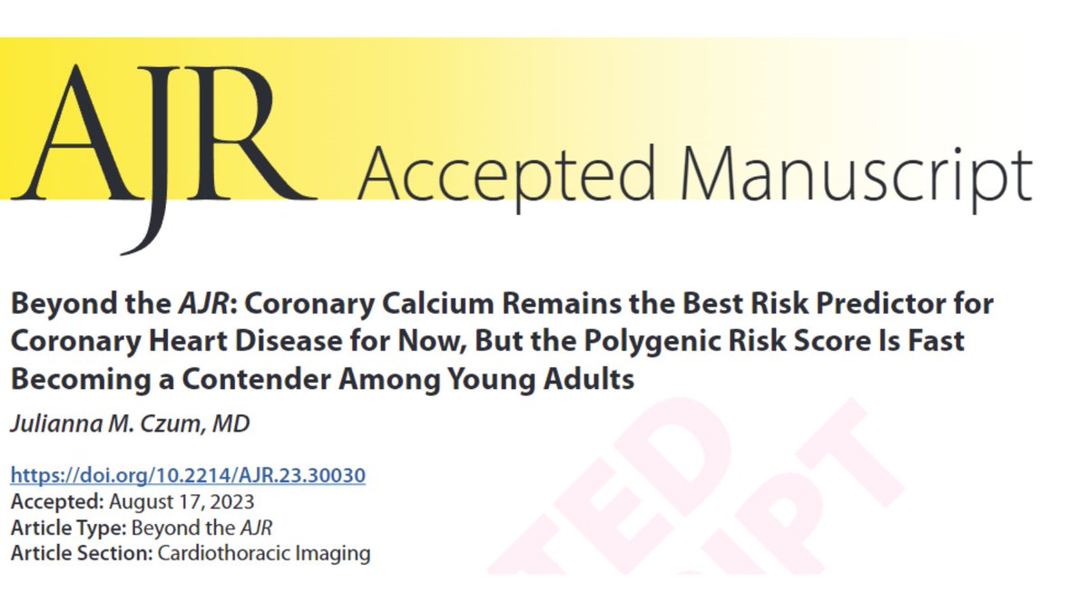 Andrew Rosenkrantz (@arosenkrantzmd) on Twitter photo New <a href="/AJR_Radiology/">AJR</a> Accepted Manuscript:
"Beyond the AJR: Coronary Calcium Remains the Best Risk Predictor for Coronary Heart Disease for Now, But the Polygenic Risk Score Is Fast Becoming a Contender Among Young Adults"
By <a href="/JuliannaCzumMD/">Julianna Czum</a> <a href="/Hopkins_Rad/">Johns Hopkins Radiology</a>
ajronline.org/doi/10.2214/AJ… New <a href="/AJR_Radiology/">AJR</a> Accepted Manuscript:
"Beyond the AJR: Coronary Calcium Remains the Best Risk Predictor for Coronary Heart Disease for Now, But the Polygenic Risk Score Is Fast Becoming a Contender Among Young Adults"
By <a href="/JuliannaCzumMD/">Julianna Czum</a> <a href="/Hopkins_Rad/">Johns Hopkins Radiology</a>
ajronline.org/doi/10.2214/AJ…