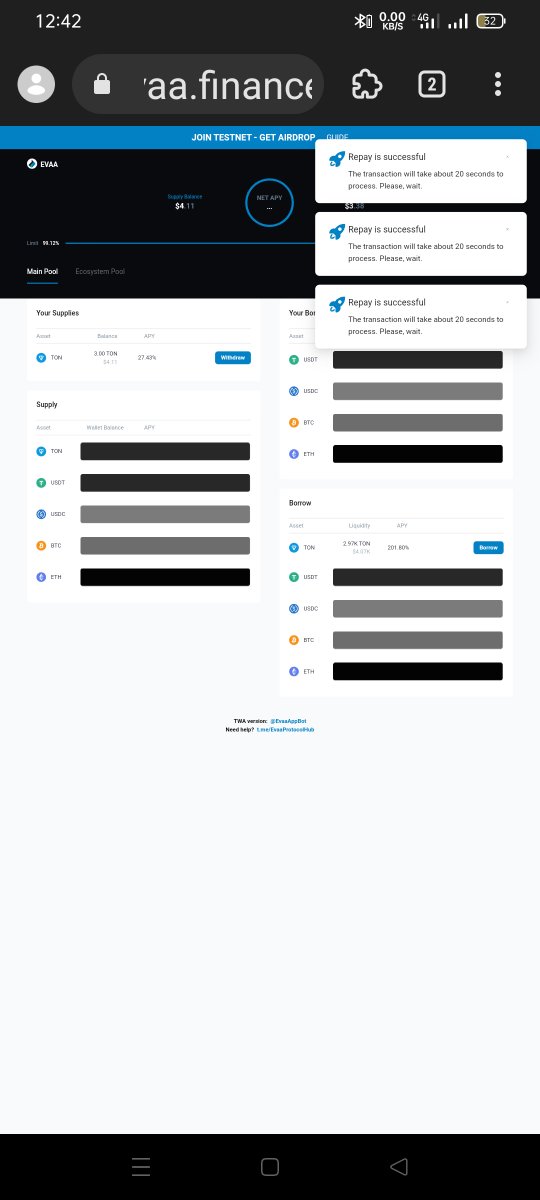 ehtvir's tweet image. Smooth simulated transactions, occasional contract latency. Convenient test token faucet. More docs &amp;amp; optimizations for advanced features needed. Impressive stability, no crashes! #TestnetFeedback
#EvaaProtocol