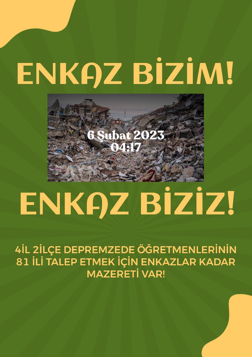 #DepremeŞartsızİlEmri
Çok yıprandık Sayın Bakanım. Artık müjdemizi verin. 4il 2ilçeyi 81 ile il emrine verin lütfen 🙏🇹🇷
<a href="/Yusuf__Tekin/">Yusuf Tekin</a> <a href="/tcmeb/">Millî Eğitim Bakanlığı</a> <a href="/mebpgm/">Personel Genel Müdürlüğü</a>