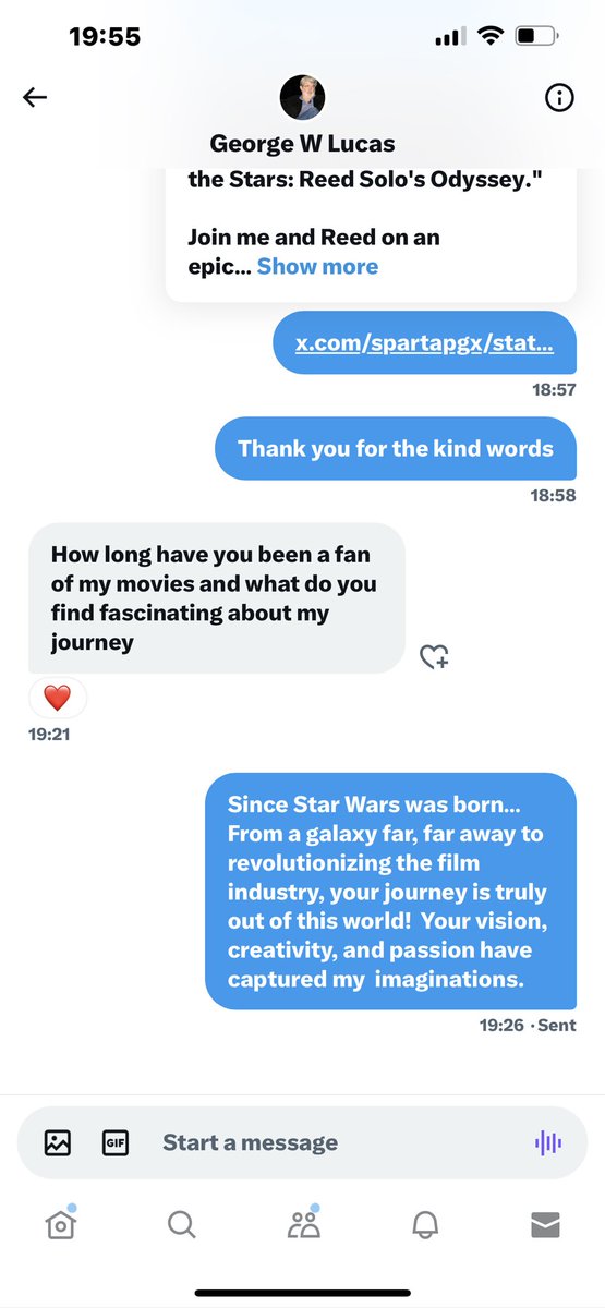 Just received a mind-boggling message from none other than George Lucas! Pinch me, I must be dreaming! 😱🌠 

Whether it's real or not, the thrill and excitement receiving this message is real! 

. 🌟✨ #GeorgeLucas #DreamingBig #UnleashImagination #SurpriseOfALifetime…