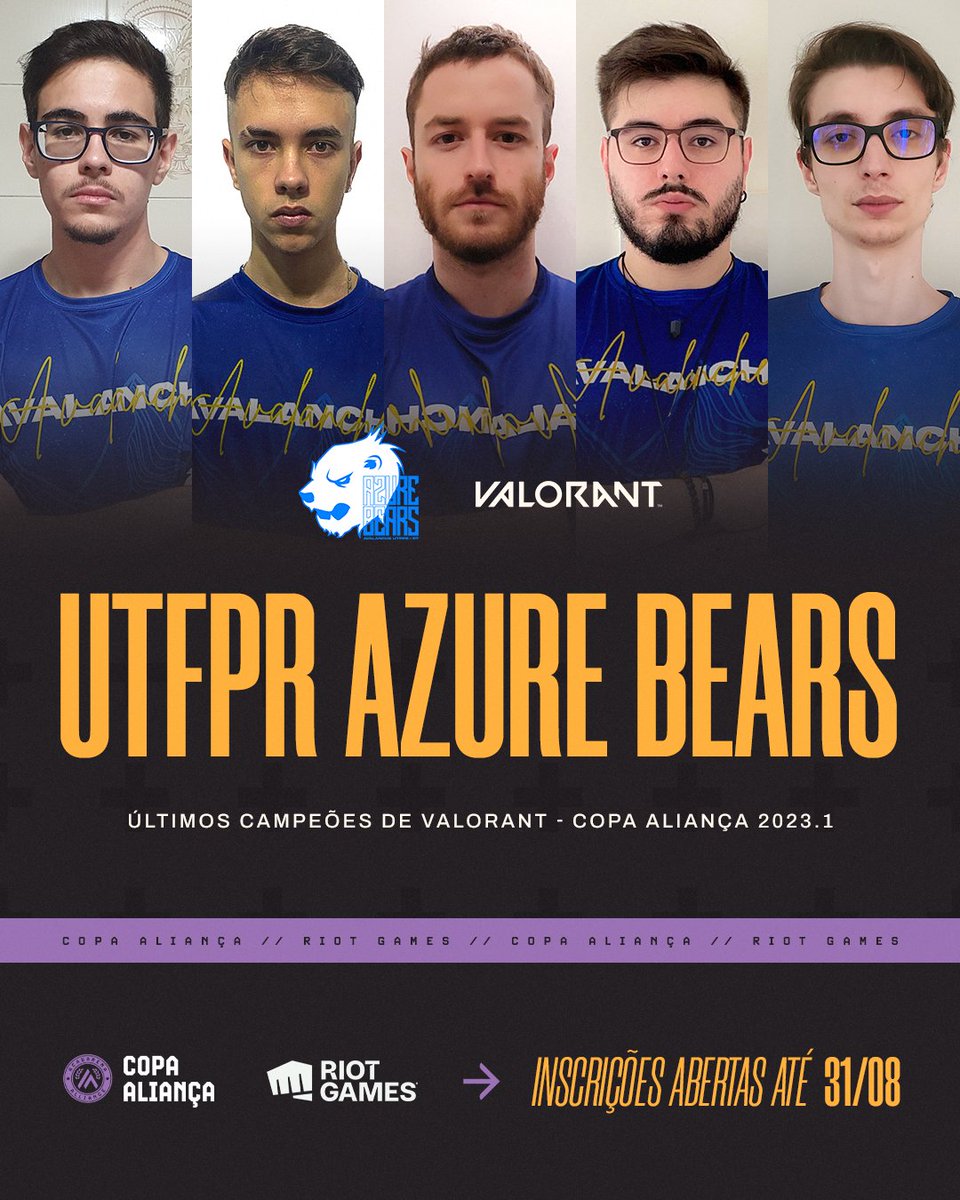 Os atuais campeões de #VALORANT! 🔫

A <a href="/azure_bears/">Azure Bears UTFPR</a> vai para mais uma edição de #CopaAliança Universitária, agora com a intenção de defender o trono! 👑

Quer participar também? As inscrições vão até AMANHÃ: esports.acadarena.com/br/copa-alianca