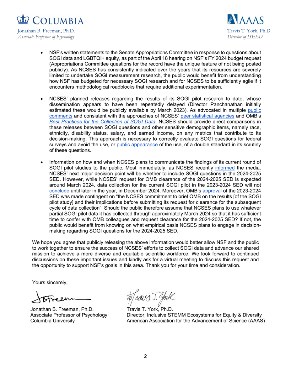 Now that large-scale piloting of LGBTQ+ questions for national surveys of the scientific workforce is finally underway, @TravisYork at @AAAS and I have asked <a href="/NSF/">U.S. National Science Foundation</a> to consider making crucial information about these efforts available to the public.

PDF: shorturl.at/ghkz9