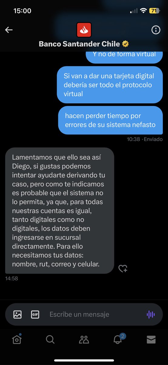 diegoflorescont's tweet photo. @santanderchile No saquen cuentas digitales entonces si el soporte es presencial, esa es la gracia de tener una cuenta digital, poder usar y configurar sin tener que ir al banco. Tiene el puro nombre, nada de digital tiene la cuenta más lucas. https://t.co/QzJQFfurlI