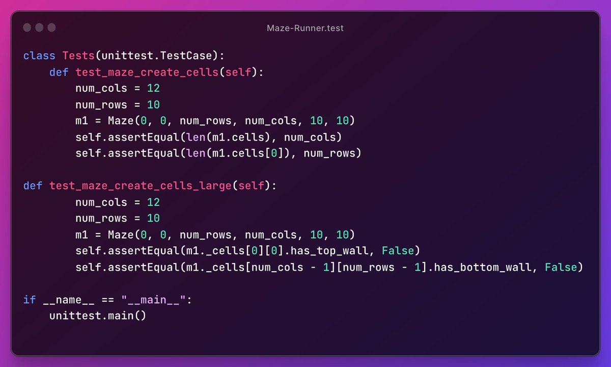 NateOwensDev's tweet photo. My day 20 of #100DaysOfCode I did my first ever unit test today. Working on a self solving maze project with tkinter atm. Feeling pretty happy about it 😅 https://t.co/lbuQUlQ9Nm