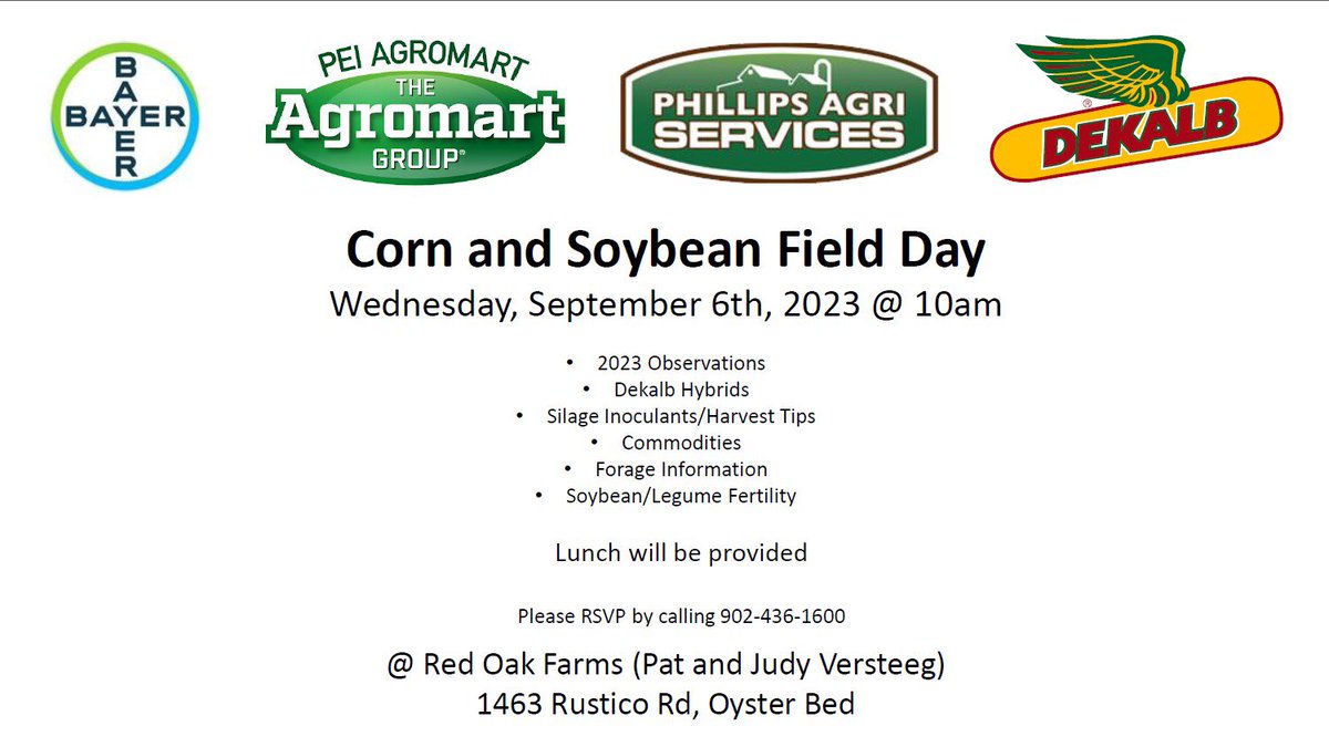 Please join us for our rescheduled Corn and Soybean Field Day! Please call our office at 902-436-1600 to RSVP. We hope to see you there!