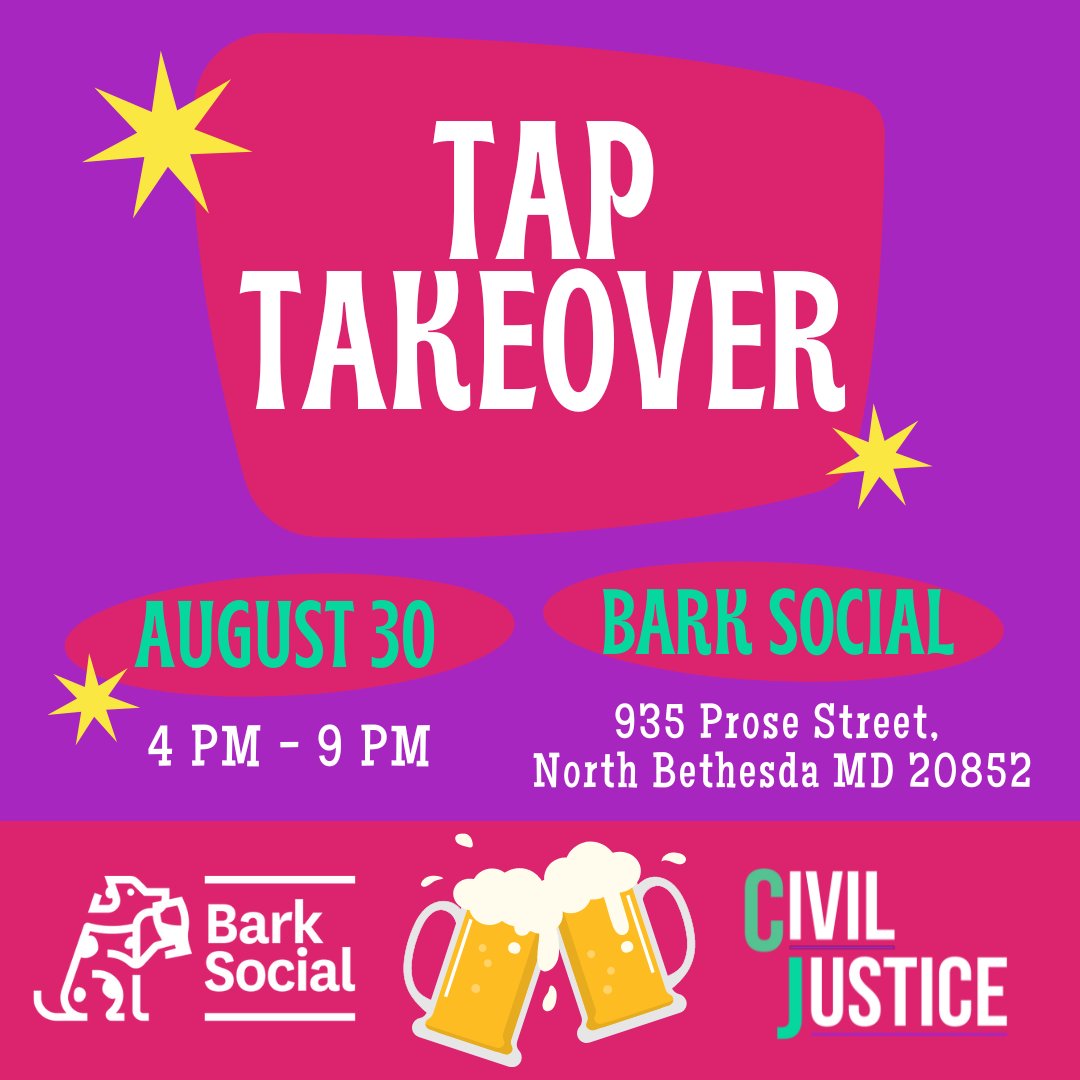 CivilJusticeInc's tweet photo. Today's the day! Stop by Bark Social Bethesda from 4-9pm for pups, pints, and a great cause!
#cjtaptakeover #pupsandpints #nonprofit https://t.co/ZPtjkD0TPQ