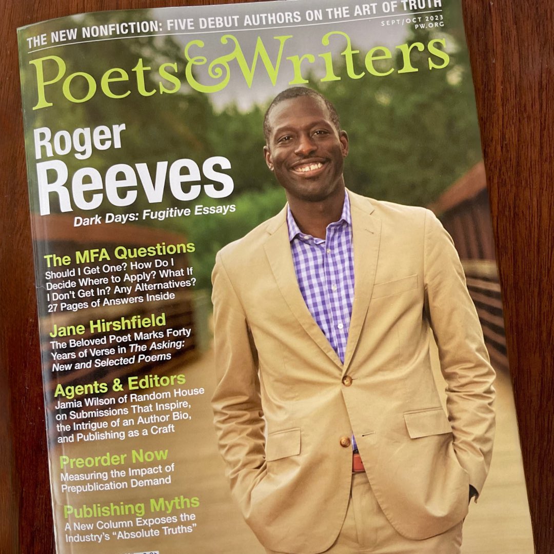 MichenerCenter's tweet image. The newest issue of @poetswritersinc has arrived with MCW alumni &amp;amp; faculty member Roger Reeves on the cover! Plus, an interview by @bird_songoftheyear with Reeves on his just-out book of #prose, DARK DAYS: FUGITIVE ESSAYS. Head to the link in our bio for the full issue!