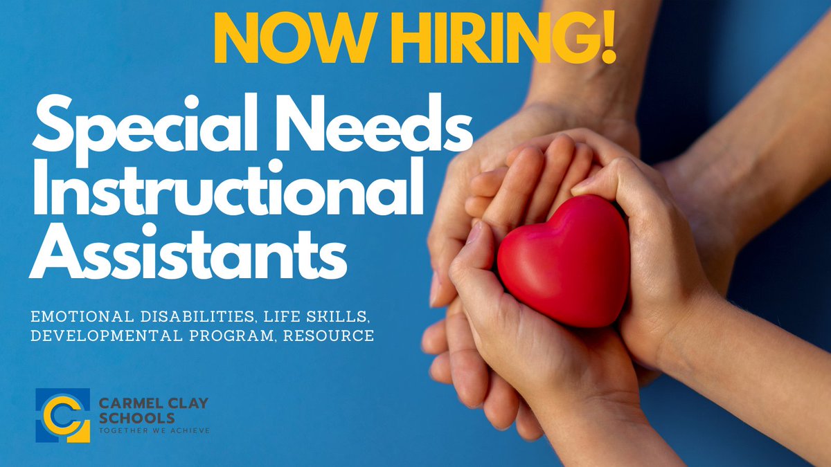 We are hiring Special Needs Instructional Assistants at multiple schools. If you have ever been interested in one of these meaningful positions, please reach out to learn more or apply today! ccs.k12.in.us/careers