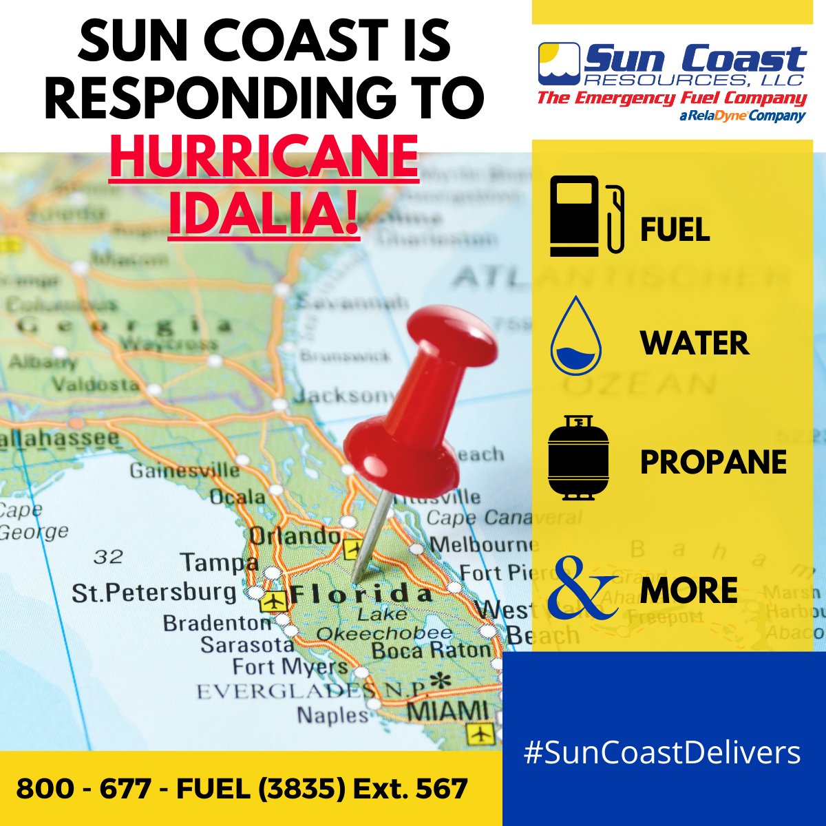Hurricane Idalia makes landfall in Florida!

Sun Coast is responding! Stay Safe!
Call us for all emergency fueling, water, and propane needs:
800-677-FUEL (3835) ext. 567!
#SunCoastDelivers
#emergencyfuel
#potablewater
#Propane
#Idalia
#HurricaneIdalia
#GulfCoast
#HurricaneSeason