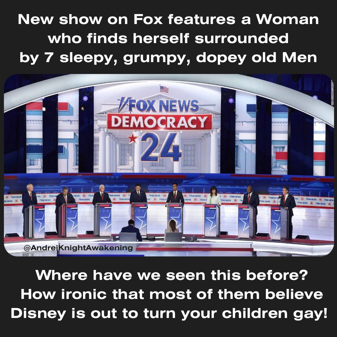 New show on #FoxNews shows Woman surrounded by 7 sleepy, grumpy, dopey, old Men. Now where have we seen this before? 🤔

Sadly, one really angry orange dwarf was absent..

#SnowWhite #RepublicanDebate #2024Election #Deconstruction  #Exvangelical #LosingMyReligion  #EndPatriarchy