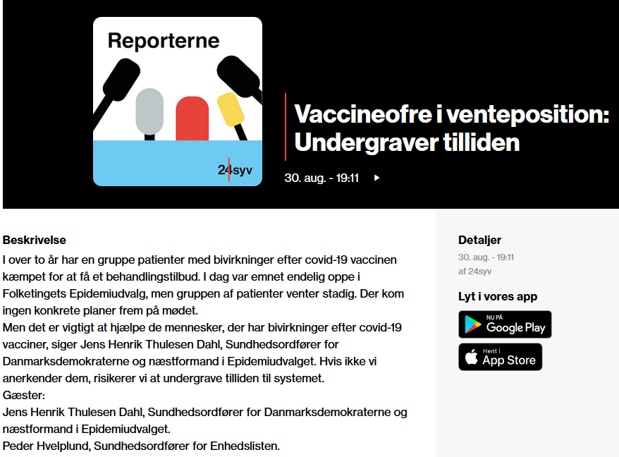 Stor respekt for <a href="/24syv/">24syv</a> og deres lange seje træk for vaccinepatienterne. Og for den ordentlighed, som <a href="/pederhvelplund/">Peder Hvelplund</a> og <a href="/j_thulesen/">Jens Henrik Thulesen Dahl</a> udviser ved at stille op for patienterne. Og de har i øvrigt i mine øjne helt ret: Det er essentielt for fortsat tillid.
24syv.dk/episode/vaccin…