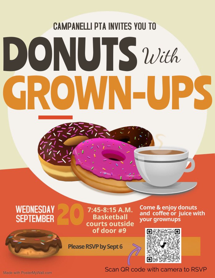 CampanelliPta's tweet image. Donuts with Grown-Ups is coming up on Wednesday, September 20, 7:45-8:15 am! Use the link in our bio to RSVP by September 6.

We&apos;ll be on the basketball courts outside Door #9. In case of inclement weather, the event will move to the gym. #movingmountains #teamcampi