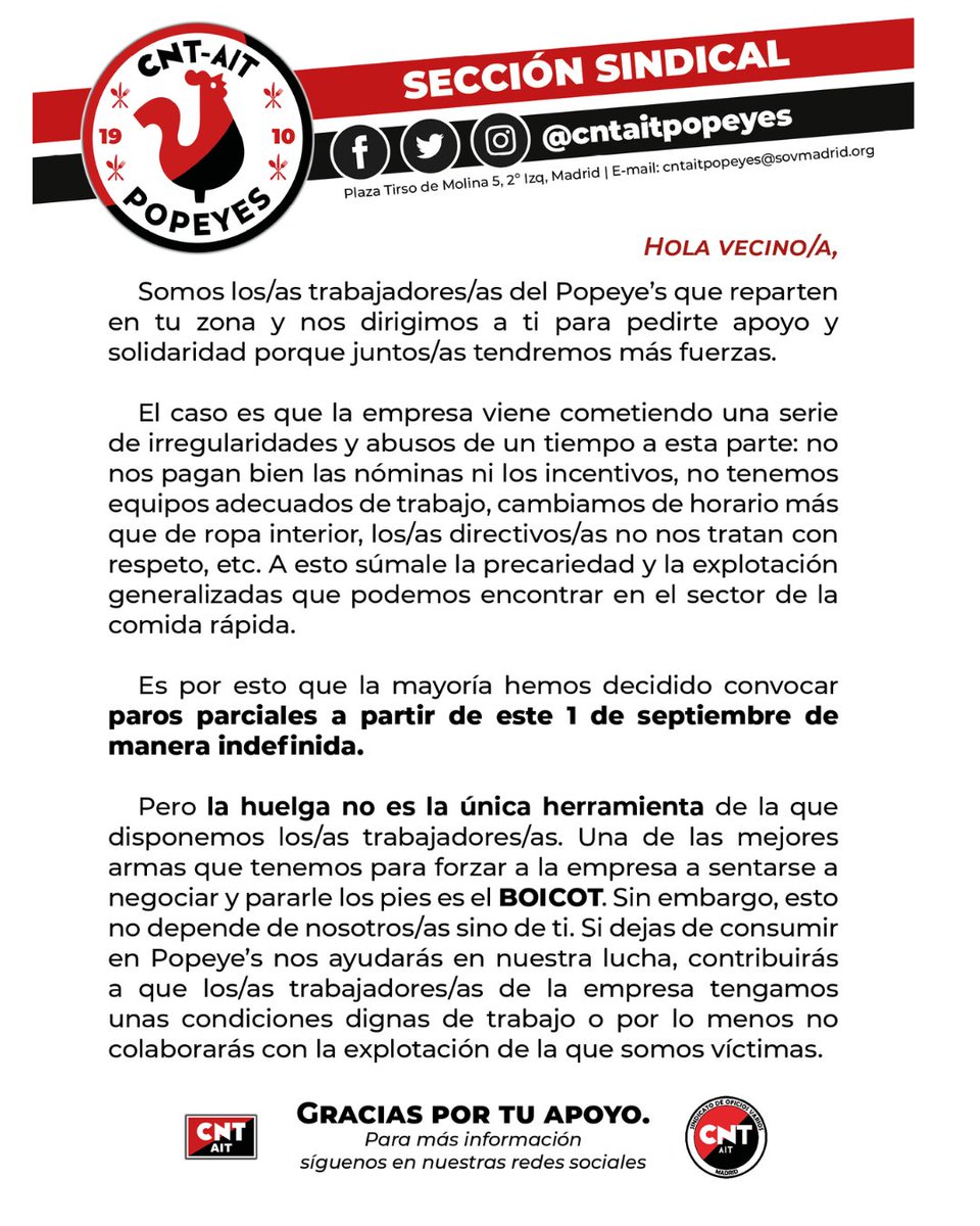 Boicot a <a href="/popeyes_es/">Popeyes</a> hasta que se respeten los derechos de los/as trabajadores/as. ¡No colabores con la explotación!