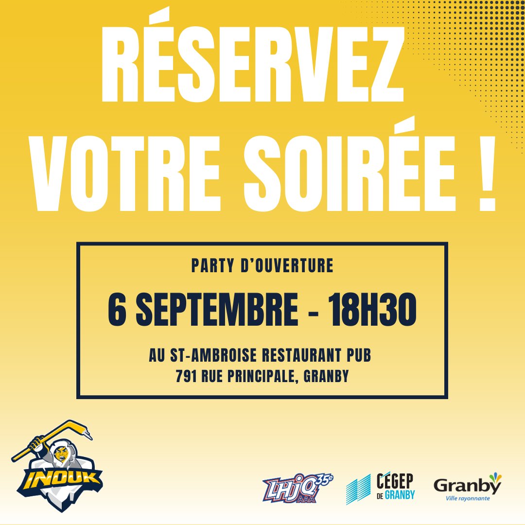 LesInouk's tweet image. On vous réserve une belle soirée d’ouverture chez notre partenaire le St-Ambroise !

👉 La présentation officielle des joueurs de l’alignement
👉 La chance de rencontrer vos Inouk
👉 La possibilité de prendre des photos avec eux

Joignez-vous à nous le 6 septembre dès 18h30 ! 🏒