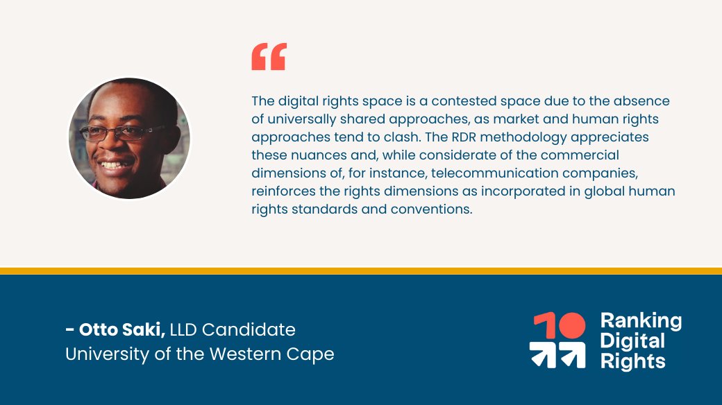 rankingrights's tweet photo. Per @UWConline’s Otto Saki, “The digital rights space is a contested space due to the absence of universally shared approaches, as market and human rights approaches tend to clash”—& @rankingrights’ methodology offers these approaches common ground. #RDR10 https://t.co/NKANzGj0ik https://t.co/pzBClxeKxb