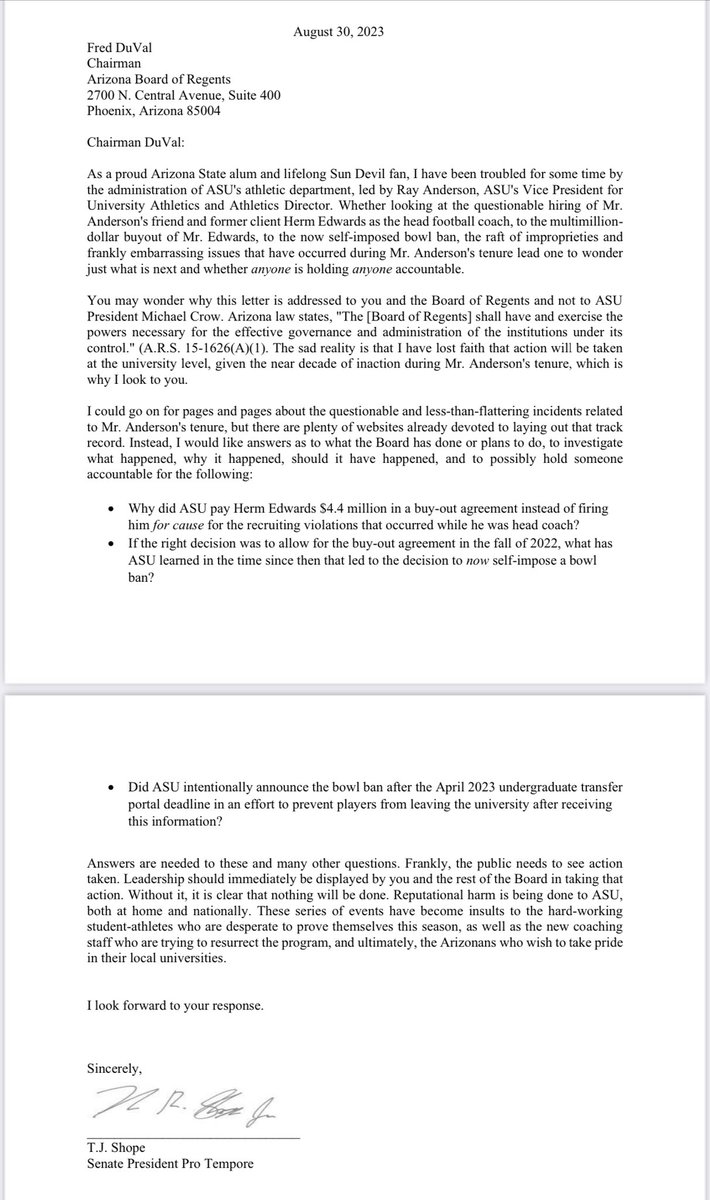 CamCox12's tweet image. Turning up the heat!

Arizona senator (ASU grad) T.J. Shope sends a letter to Arizona Board of Regents Chairman calling out ASU AD Ray Anderson. @12SportsAZ
