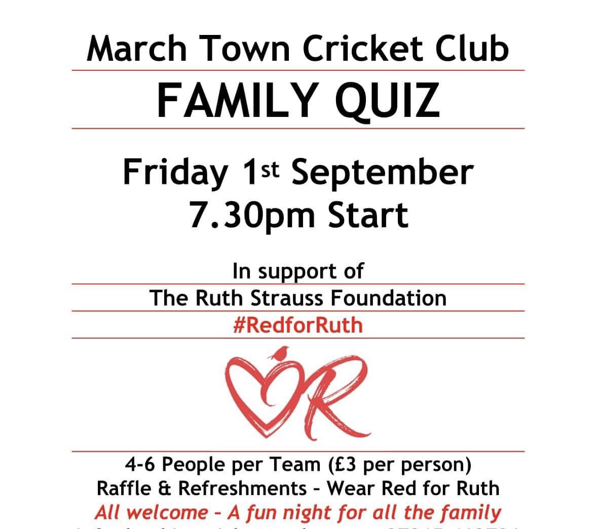 RuthLPF's tweet image. Looking forward to the Family Quiz Night on Friday at @marchtowncc in aid of @RuthStraussFdn Adding to the money we raised at the T20 Fun Day last Sunday #RedForRuth