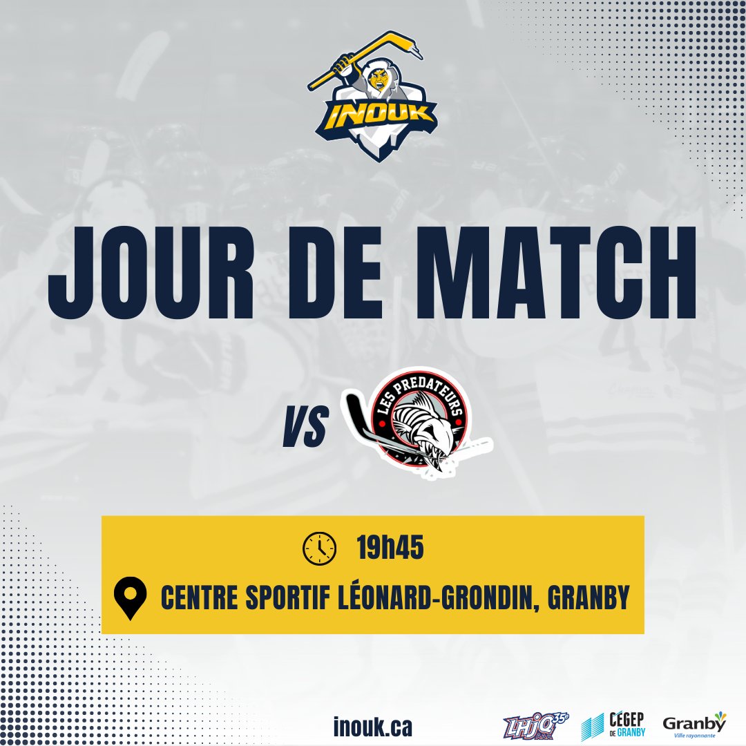 LesInouk's tweet image. JOUR DE MATCH !

Ce soir, on affronte les Prédateurs de Joliette pour un avant-dernier match du calendrier préparatoire ! 💪

🕑 19h45 
📍Granby

Achetez votre billet juste ici : cutt.ly/awavTPNv

Venez nous encourager ! 🤩

Go Inouk ! 🏒