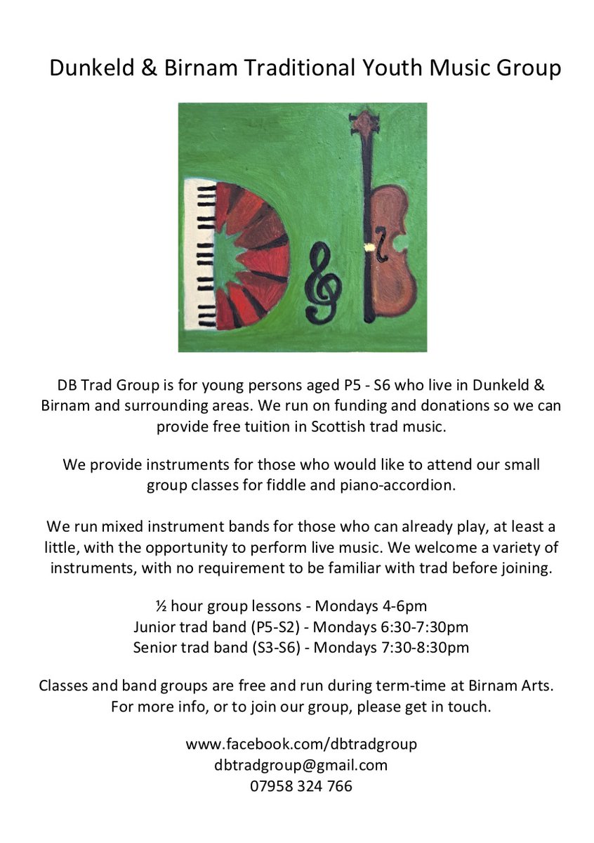 dbtradgroup's tweet photo. We're back in full swing after a good summer break. Classes and bands are every Monday during term time at @Birnamarts. If you'd like to learn fiddle or piano -accordion, classes are free and we give you an instrument to learn on. If you already play an instrument, join our bands https://t.co/mNRWIysbEp