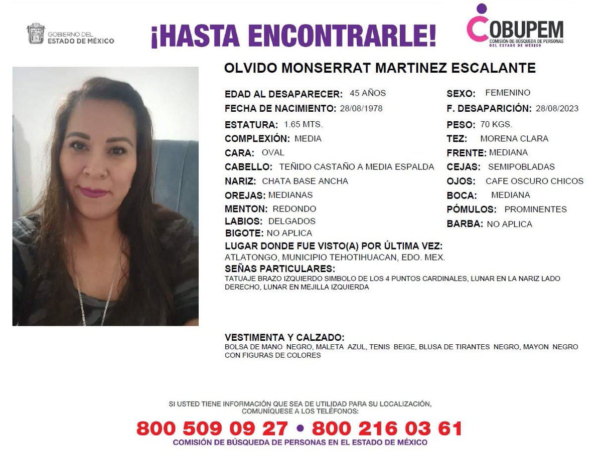 brujasdelmar's tweet photo. #EdoMex | Solicitamos su apoyo para difundir la ficha de búsqueda de Olvido Montserrat, fue vista por última vez el 28 de agosto en Altongo, Teotihuacán.

Cualquier información sobre su paradero, favor de reportarla a los contactos de la imagen. Su hija está muy preocupada. https://t.co/BGSS5em7d2