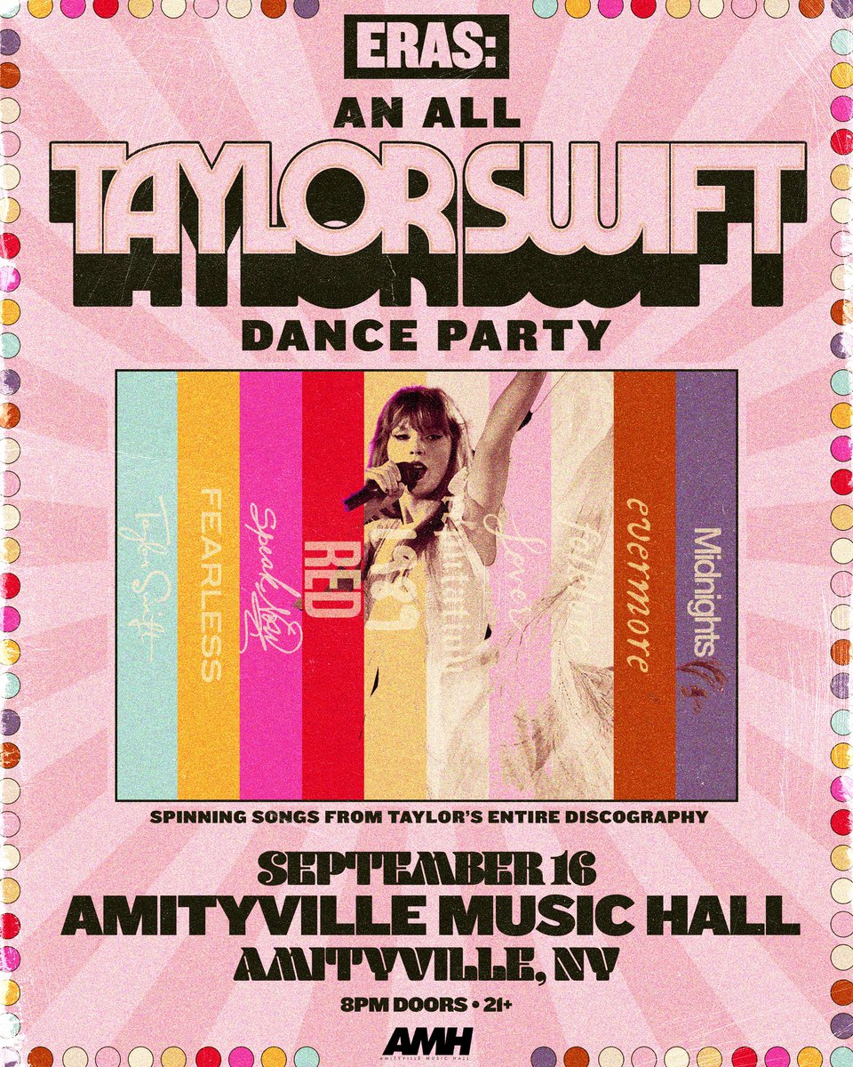 September 16th • Calling all Swifties for a TSwift style celebration ✨ • Come dressed for your favorite era and bring bracelets for trading 🪩 • Tickets are available now on amityvillemusichall.org