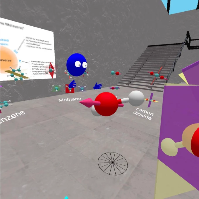 labriataphd's tweet photo. @dmoreno26 (in blue) teaching chemistry to his students inside #web #VirtualReality and I'm stalking the class from 11,000 km away😂

Written by @fabiojcortes , this will all be available soon. And it's all web, so it works on VR headsets + phones, tablets &amp; computers! https://t.co/E0LZLbfm2w