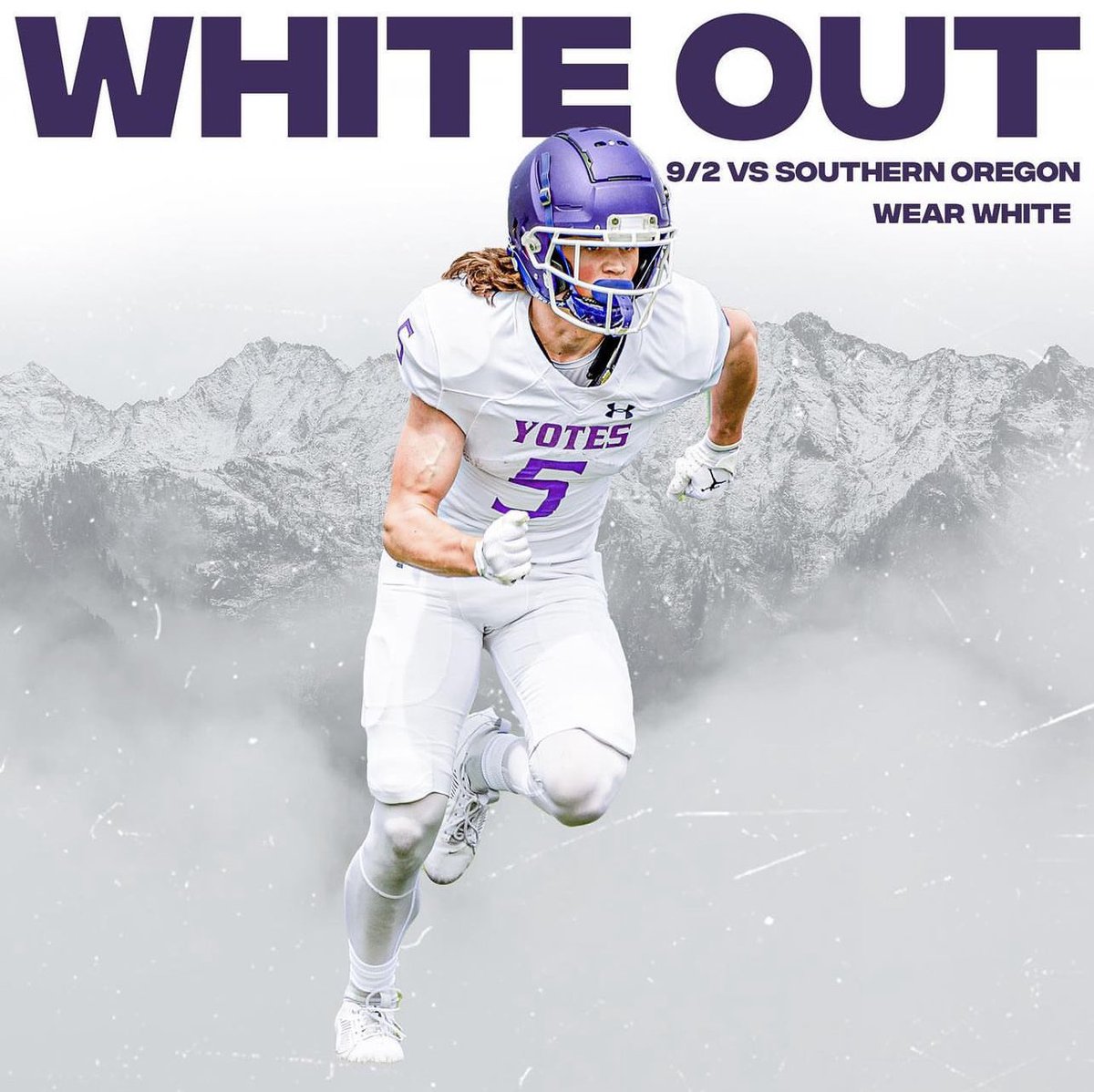 YotesFootball's tweet photo. White Out game this Saturday!!! Make sure to wear you best White Yotes T-Shirt as we take on Southern Oregon University. #YoteSteel https://t.co/Kg9xgktcaE