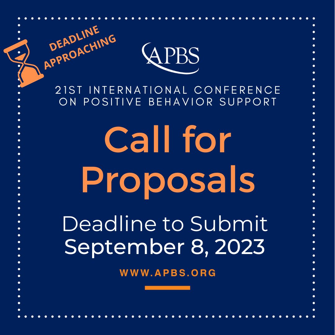 theAPBS's tweet image. A reminder that time is running out! This is the last Call for Proposals! Be sure to prepare yours for the 21st International Conference on Positive Behavior Support.

apbs.org/conference/cal…