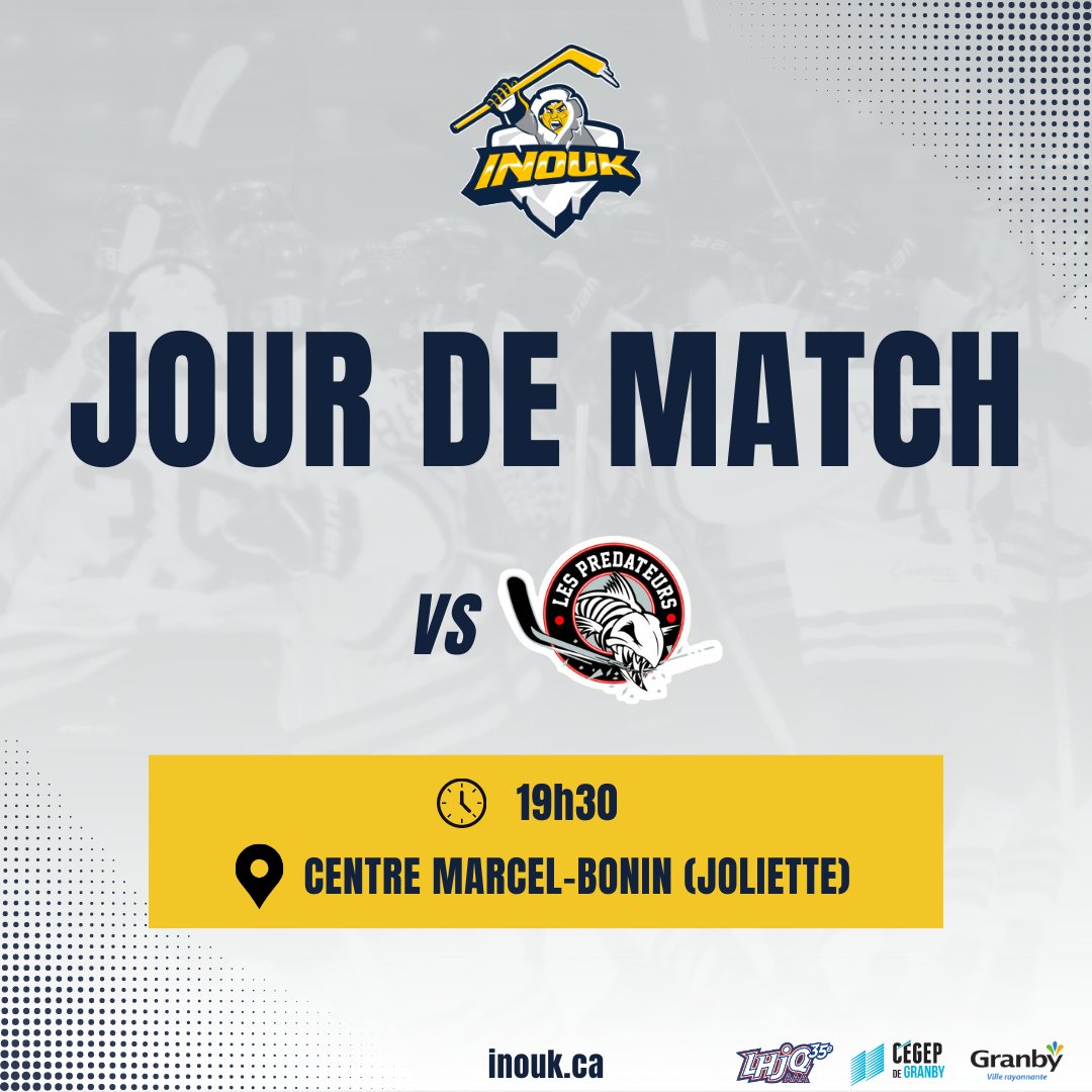 LesInouk's tweet image. JOUR DE MATCH !

On part sur la route pour affronter nos adversaires à Joliette. Les Prédateurs : on s’en vient ! 💪

🕑 19h30
📍Centre Marcel-Bonin (Joliette)

Go Inouk ! 🏒