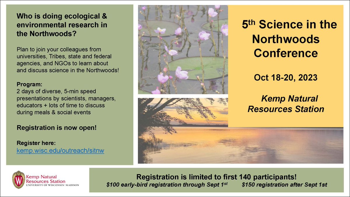 Register for Science in the #Northwoods now! If you're doing research on northern Wisconsin's lands &amp; waters &amp; want to meet other scientists doing similar work, have we got the conference for you! kemp.wisc.edu/outreach/sitnw/