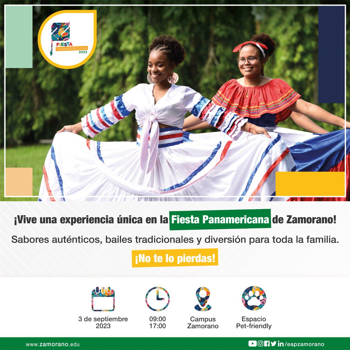 ¡Prepárate para la #FiestaPanamericana2023! 🎉

Te esperamos este domingo 3 de septiembre en la @EAPZamorano desde las 9AM hasta las 5PM. Disfruta una jornada llena de sabores, colores y ritmos que representan la riqueza de las Américas

Espacio pet-friendly 🐶

#ZamoranoYElMundo