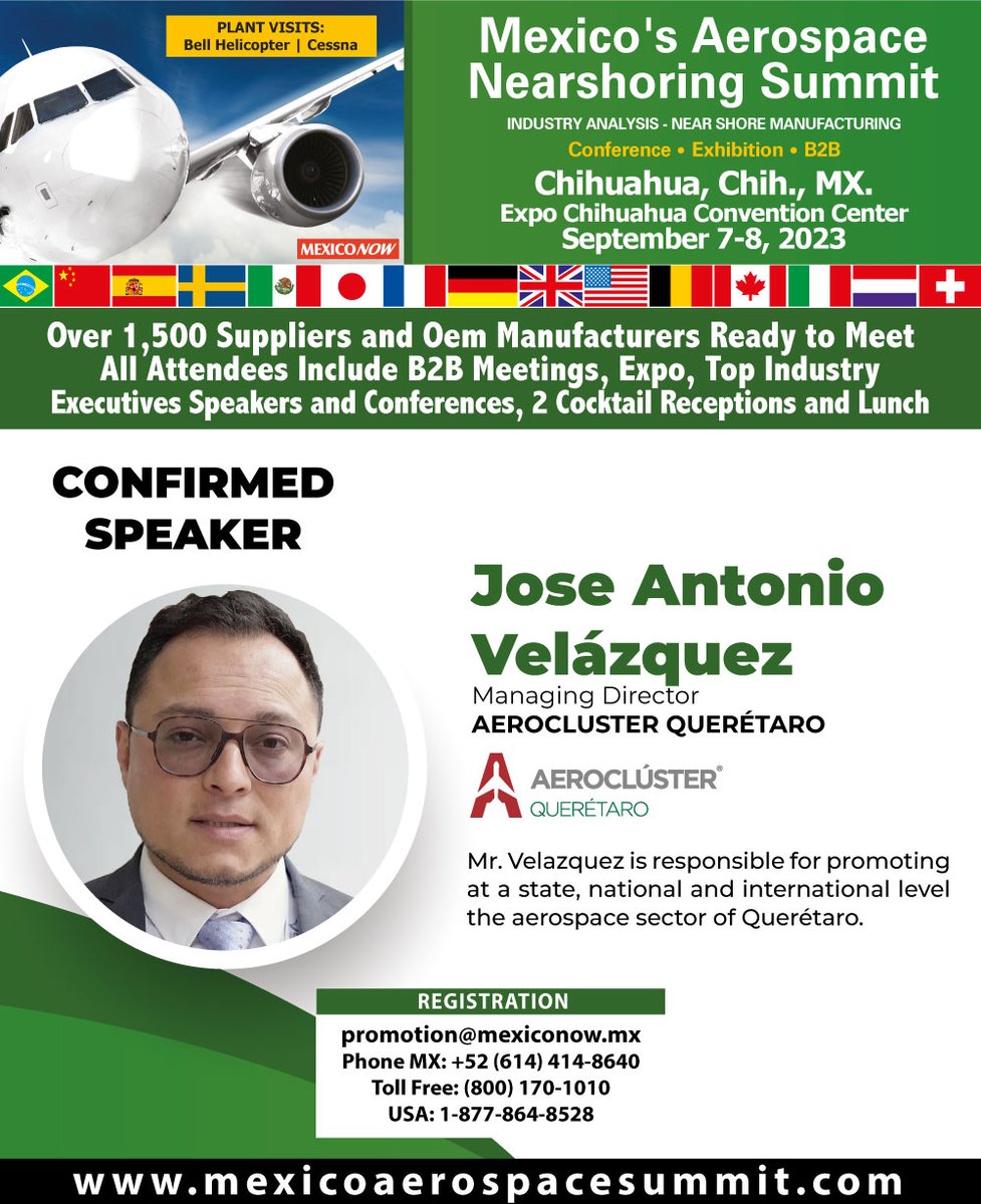 Join us this September 7-8, 2023 in Chihuahua, Chih. for the Mexico's Aerospace Nearshoring Summit 2023!
mexicoaerospacesummit.com

<a href="/Aerocluster_Qro/">Aeroclúster de Querétaro</a>
#cuu #chihuahua #meeting #industrial #manufacture #mexico #aerospaceengineer #aerospace #aerospaceindustry #economy #supplychain